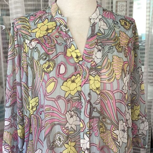 Badgley Mischka Floral Chiffon Sheer Blouse Tunic Top Women’s L/XL - Picture 5 of 16